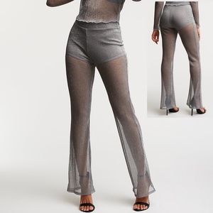 Silver Metallic Festival Party Mesh Flare Pants